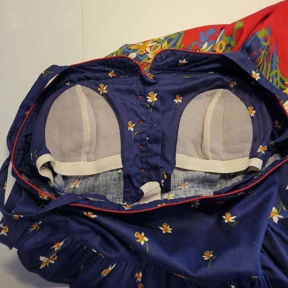 Vintage Sundress Belted Floral Blue Red Pin-Up Rockabilly Cotton 70s - Picture 10 of 14